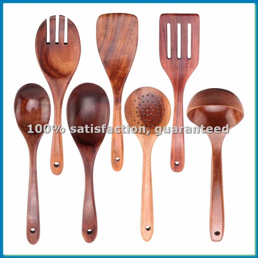 7 PCS Teak Wooden Kitchen Cooking Utensils, Non-Stick Spoons and Spatula Cookware for-AT35