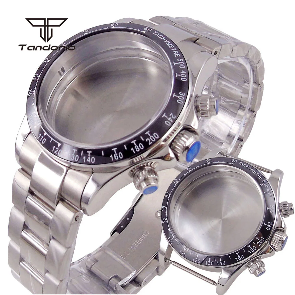 Stainless Steel 38mm Quartz Watch Case+Bracelet Sapphire Crystal Fit VK63 VK64 Movt Multi-Functional Chronograph Watches Parts