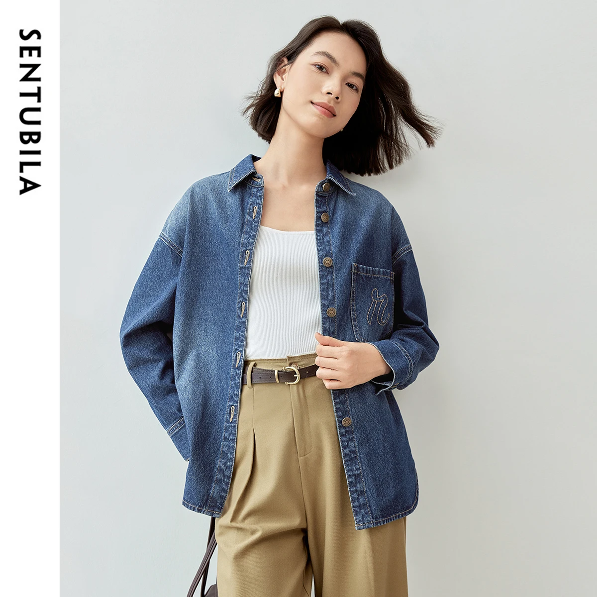 

SENTUBILA 100% Cotton Denim Shirts Women 2025 Spring New Vintage Versatile Casual Washed Embroidery Shirts & Blouses W43C56331