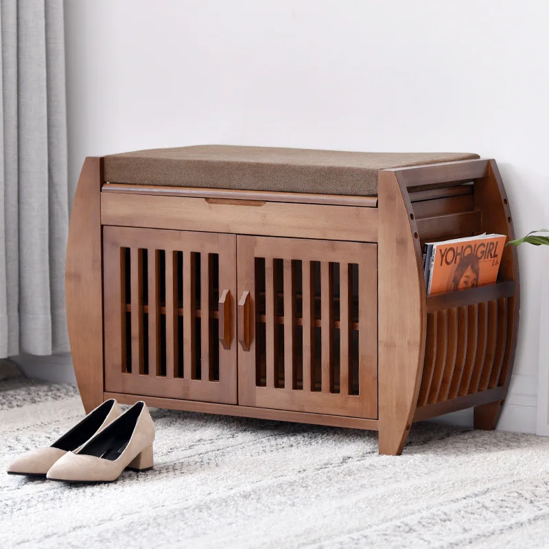 @Small Bamboo Craftsman Shoe Change Stool  Cabinet Enters Wear Rack Simple Storage Bench Door Multifunctional