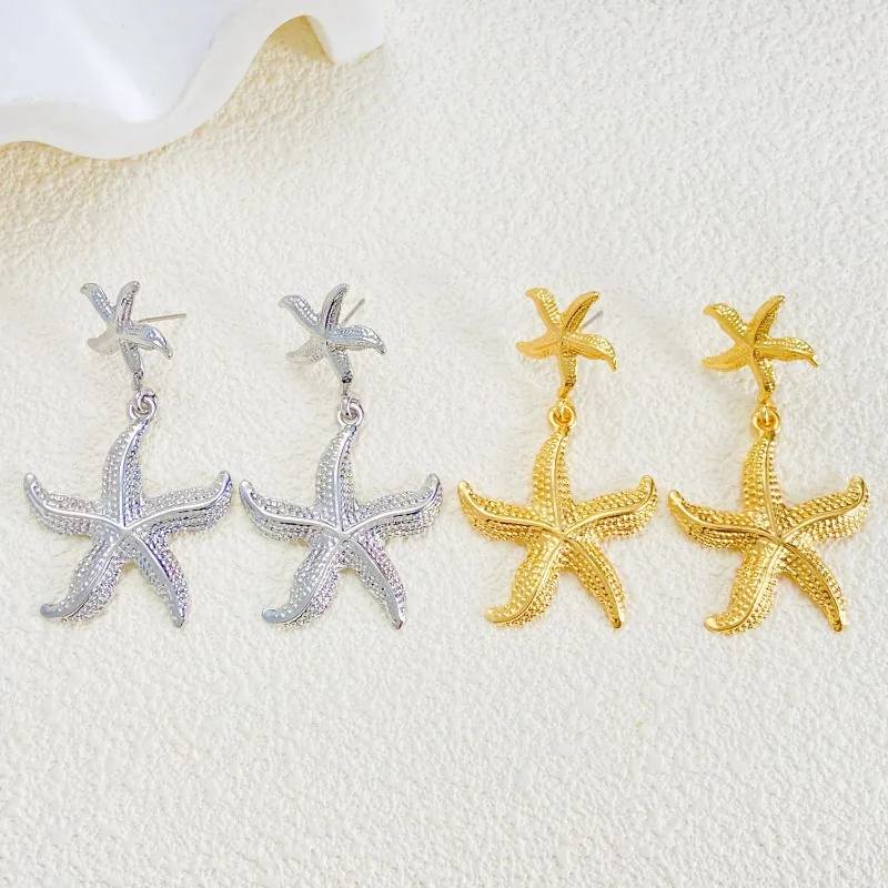 Trendy Beach Double Layered Starfish Dropped Earrings for Women Fashion Ocean Jewelry Summer Vacation Party Gift Accessories