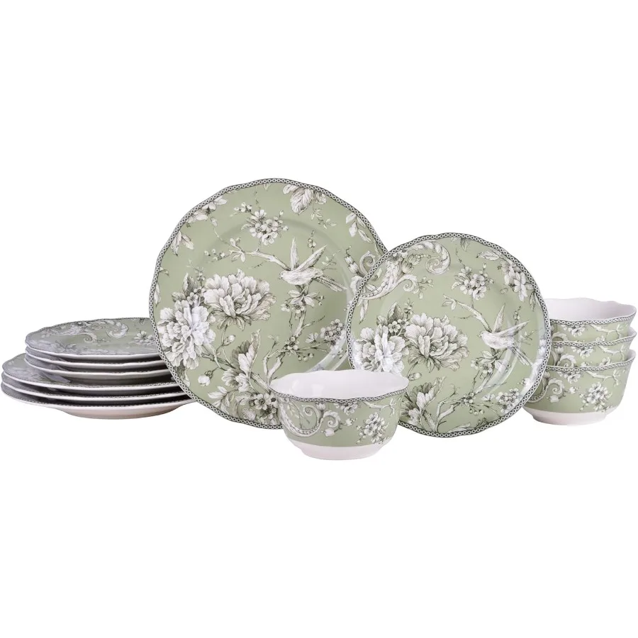 

Фарфоровый набор посуды Adelaide Sage, 12 предметов, сервисный набор из 4 входят обеденные тарелки, тарелки для салата, миски для хлопьев, прочный фарфор