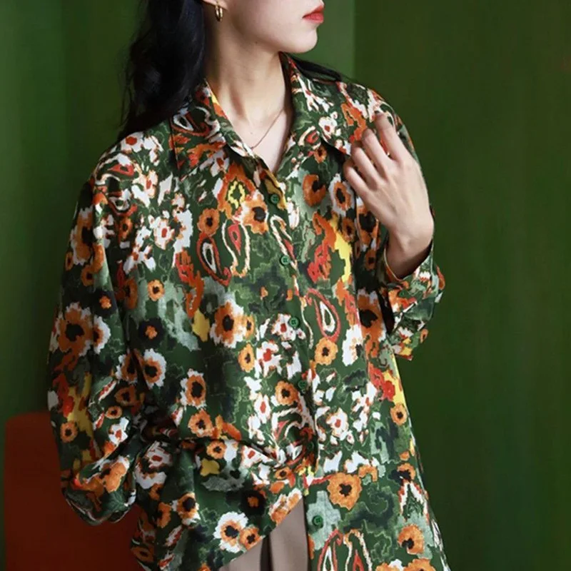 Women Clothing Vintage Printing Multicolor Turn-down Collar Long Sleeve Blouse Autumn Trend Buttons Loose Shirts Femme Flowers