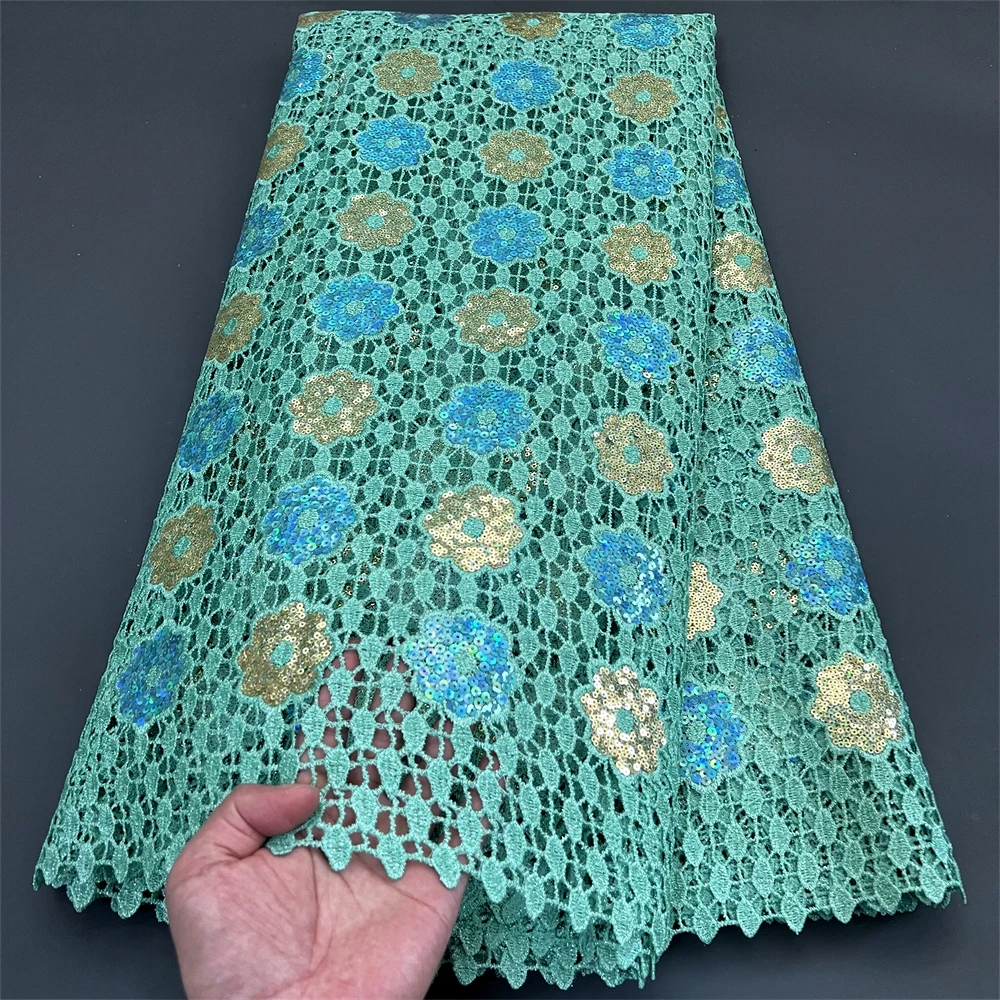 2024 High Quality African Nigerian Embroidery Tulle Cotton Lace Fabric Wedding Party Golden Dress Damask Sequins 5Yard PS0030
