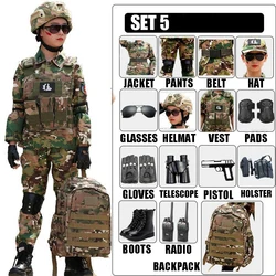 Kids Military Training Uniform Set with Camouflage Top Pants Suit Pistol Toys Tactical Gear Etc Special Forces Combat Costume