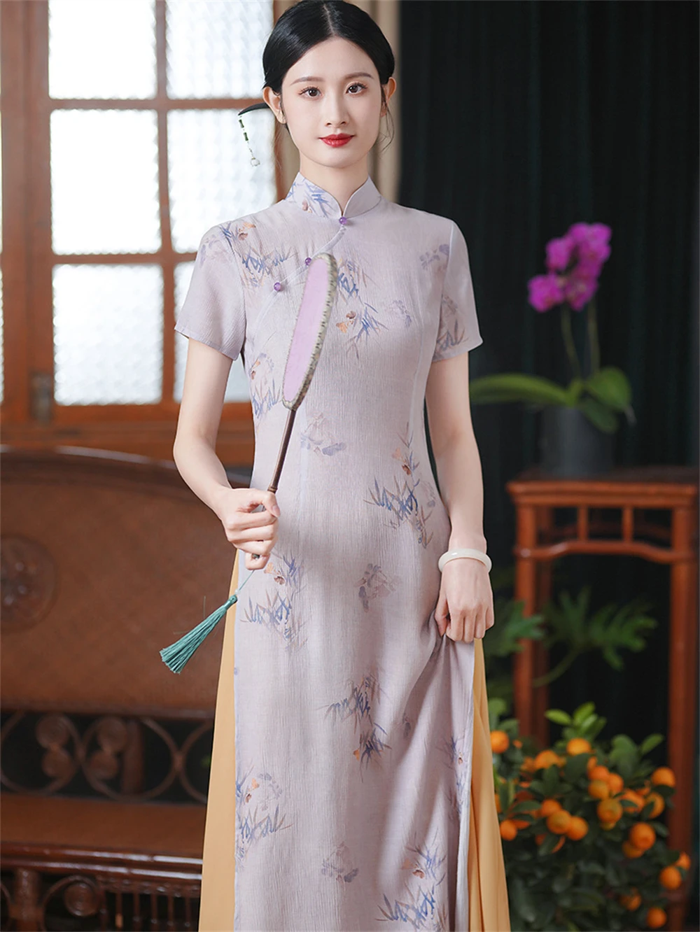 Light Purple AoDai Cheongsam Female Summer Chinese Style Improved High Split Qipao Dress Daily Elegant Long Tea Costume Chinoise