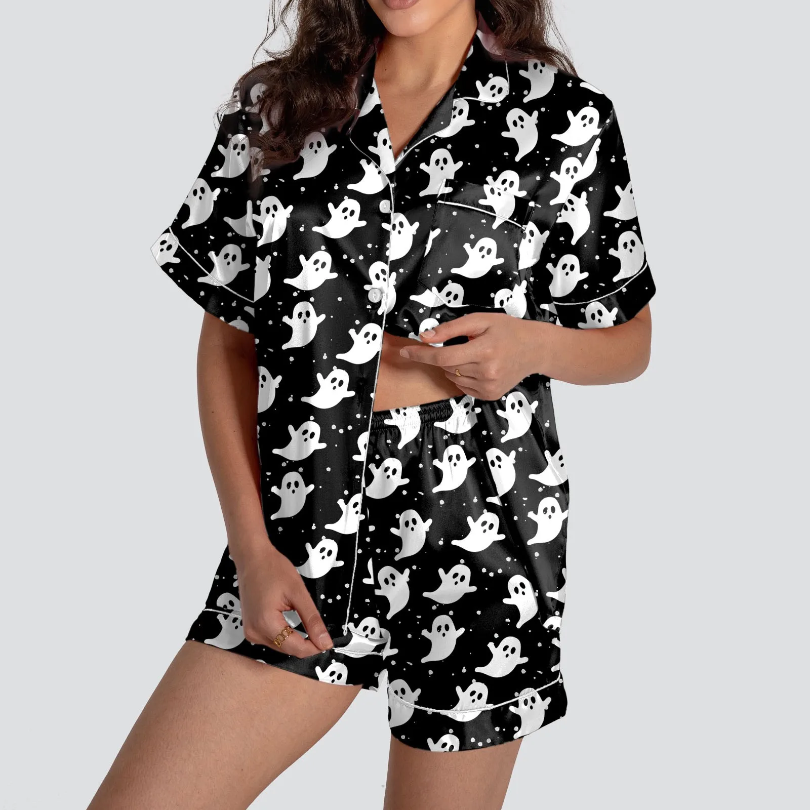 Women Halloween Satin Pajama Set Ghost Pumpkin Print Short Sleeve Button Closure Top with Shorts 2 Pieces Sleepwear Loungewear