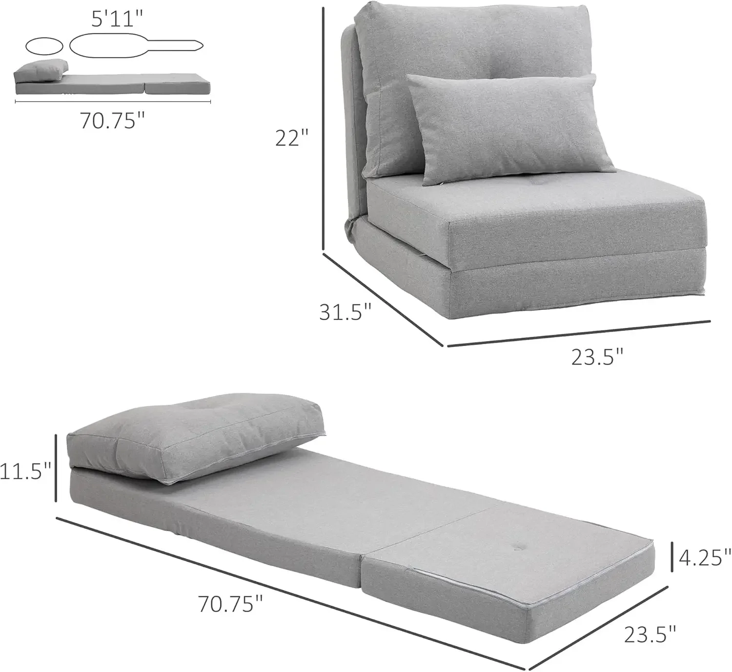 Sofá cama tapizado plegable con respaldo ajustable, marco de Metal y almohadas para sala de estar y dormitorio, color gris claro