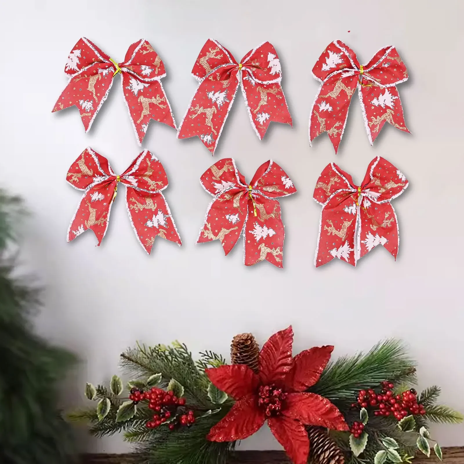 Christmas Decorations Pink/Red/Brown/Gray Glittering Wreaths Bows Easy To Use Elegant And Unique Generous Size Linen Bows