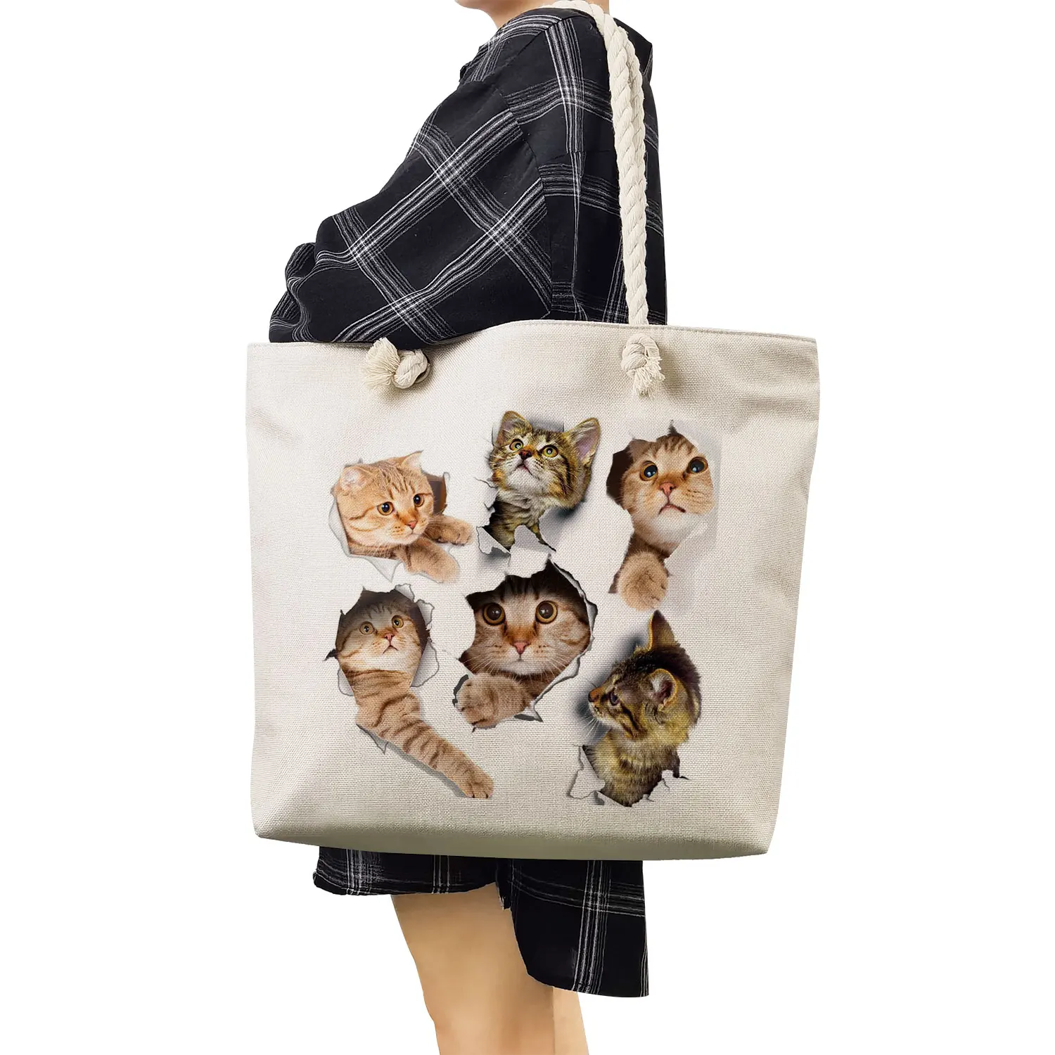 Desenhos animados Broken Wall Cat Print Armazenamento Bolsas, Bolsa de Ombro de Tecido, Eco Reutilizável Mulheres Sacola de Compras, Poliéster