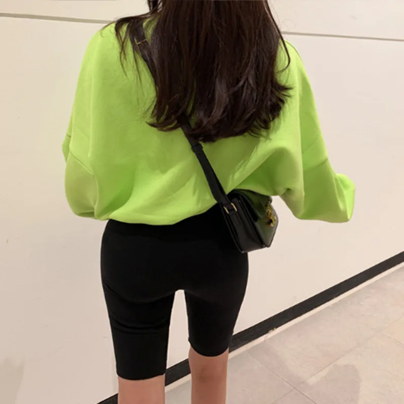 Long Sleeve Hoodie Sweatshirt Women Casual Slim Pullover Neon Green Sweatshirt O-neck Solid Sweatershirt Harajuku Tops Hoodie