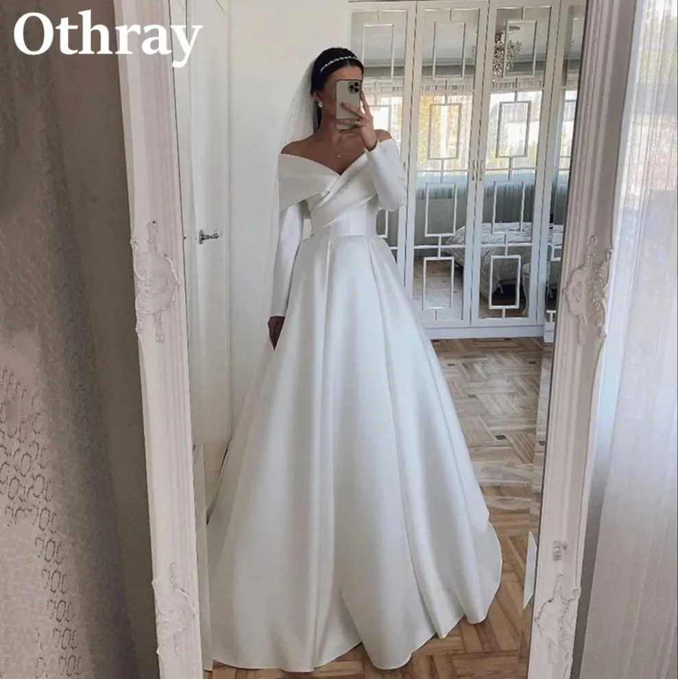 

Othray Elegant Satin Wedding Dresses Off The Shoulder Long Sleeves A Line Formal Bridal Gowns vestidos de novia