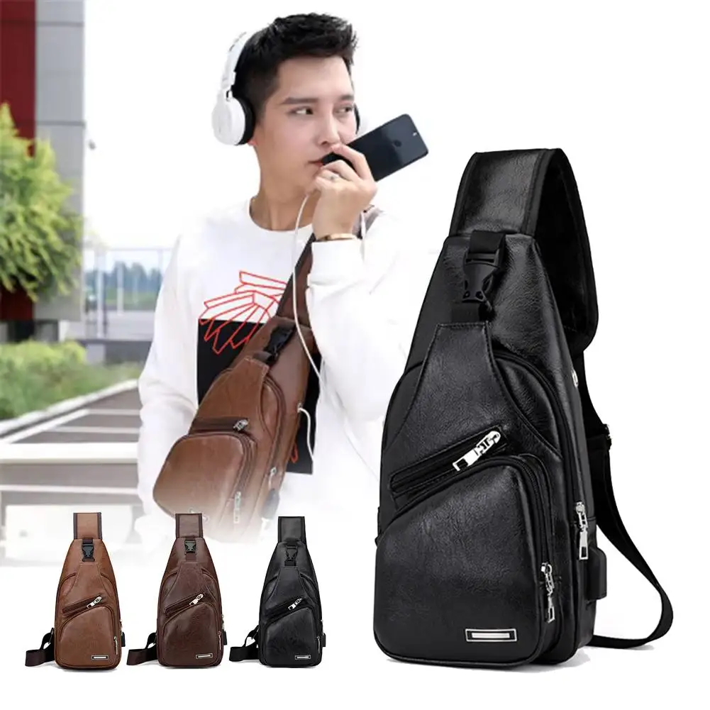 Modische Herren-Brusttasche aus PU-Leder mit USB-Ladeanschluss, lässige Umhängetasche, diebstahlsichere Reisetasche für Männer, Arbeitstasche – Detail 5