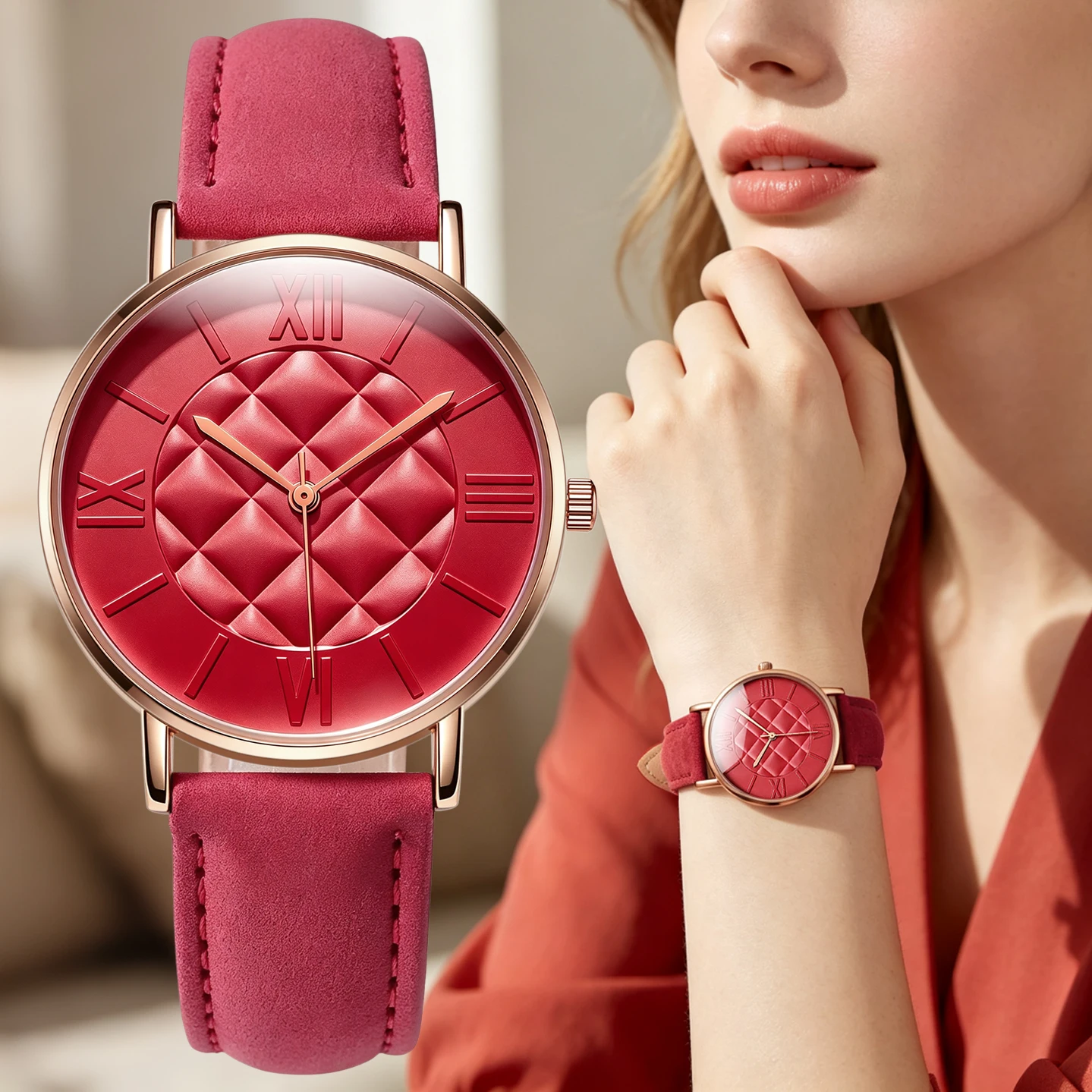 Women Quilted Diamond Pattern Dial Quartz Watch Rose Gold Tone Case Roman Numeral Elegant Ladies Watch