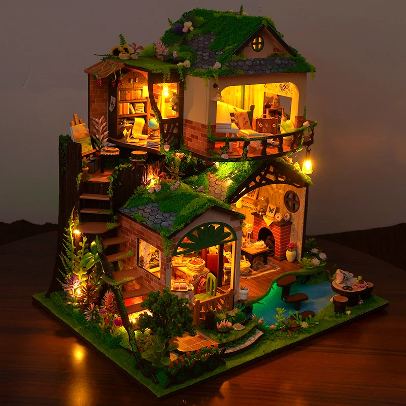 Kit modello in miniatura in legno fai-da-te Foresta Fiaba Villa Puzzle 3D Case delle bambole con luci per mobili per regali di compleanno di amici