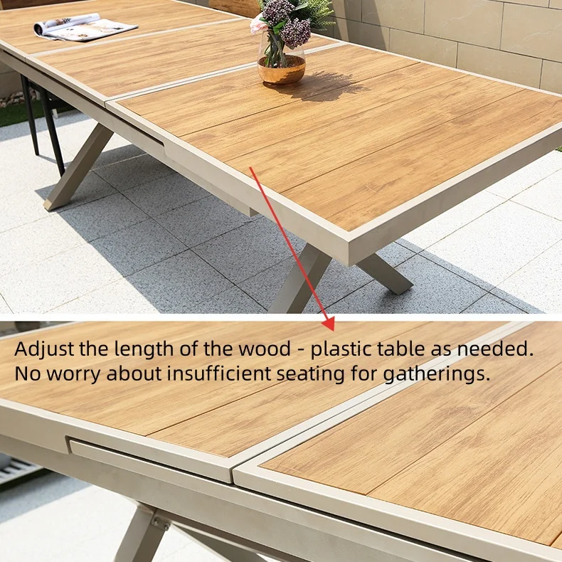 Modern Large Expandable Patio Dining Table Set Outdoor Aluminum Frame Furniture With Durable Plastic Wood For Gatherings