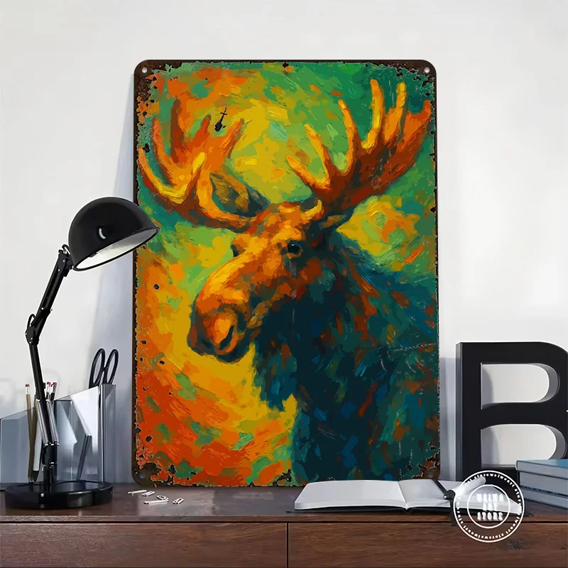 Moose Painting With Vibrant Colors Art Personalized 3D Textured Metal Poster Wall Art Tinplate Sign for Living Room Decoration