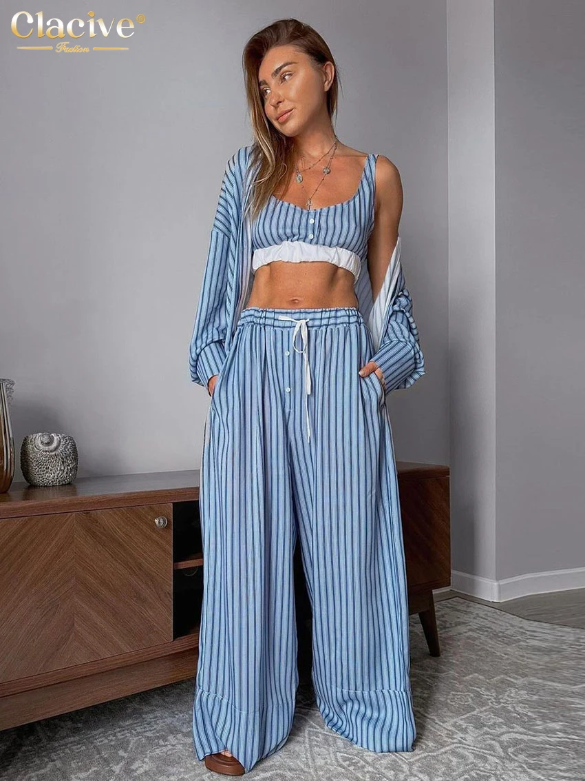 

Clacive Fashion Loose Stripe Print Women's 3 Pieces Set 2025 Elegant Long Sleeve Shirt + Crop Top With High Waist Wide Pants Set