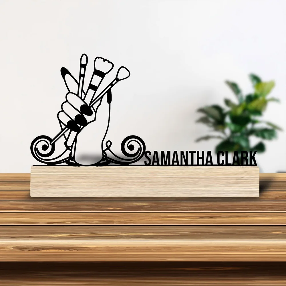 1pc Personalized Desktop Metal Ornaments Customizable Name With Wooden Base Bar Decoration, Holiday Gifts