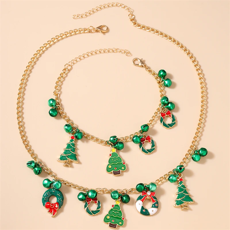 Modisches Weihnachtsbaum-Kranz-Glocken-Halsketten-Armband-Schmuckset für Frauen und Mädchen Neujahrs-Festival-Schmuckgeschenke – Detail 6