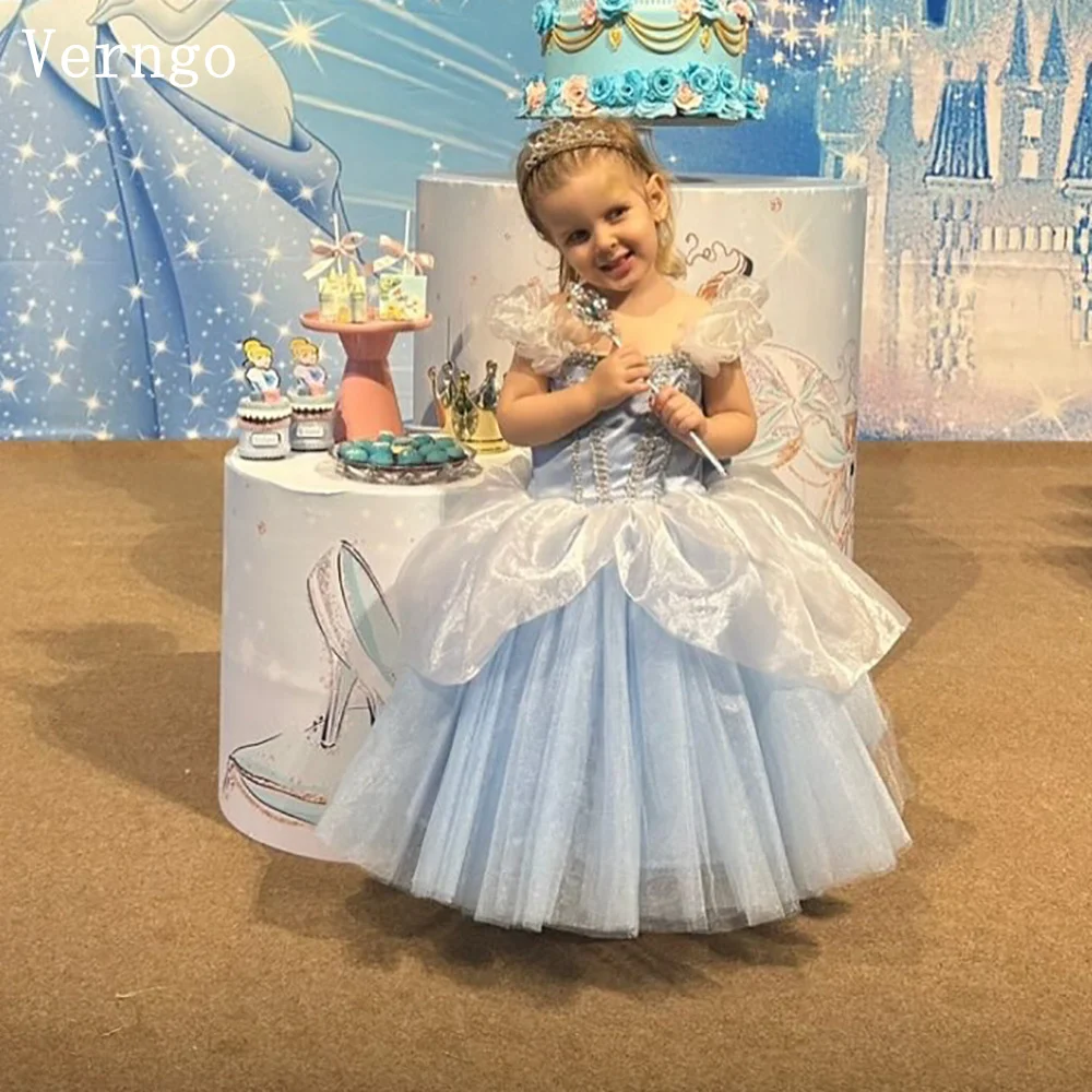 Verngo Blue Shiny Girl Birthday Party Dress Short Sleeves A Line Princess Flowers Dresses Celebrity Kid Party Gown Customized