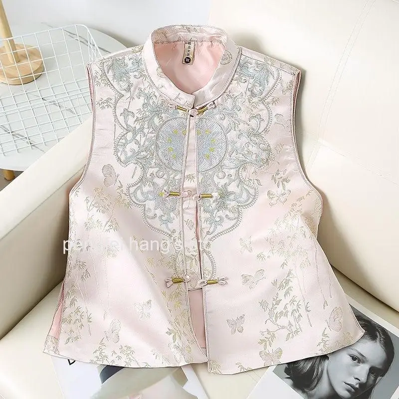Women Autumn Winter Mandarin Collar Jacquard Vest Sleeveless Chinese Style Tops Vintage Button Embroidery Casual Shirt Clothes