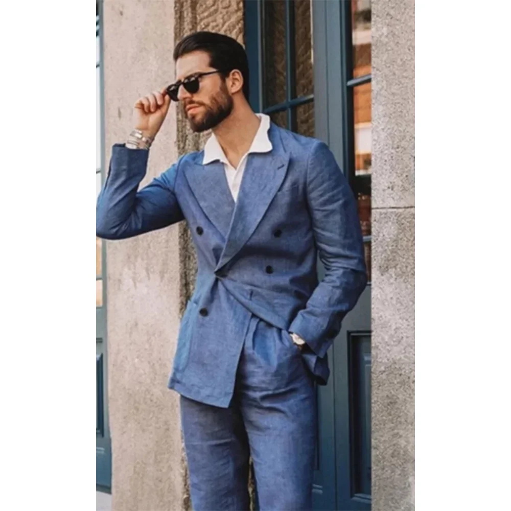

New Arrival Linen Men Suits Blue Peak Lapel Thin Male Blazer Fashion Solid Color Double Breasted Casual Slim Fit Two Pieces Set