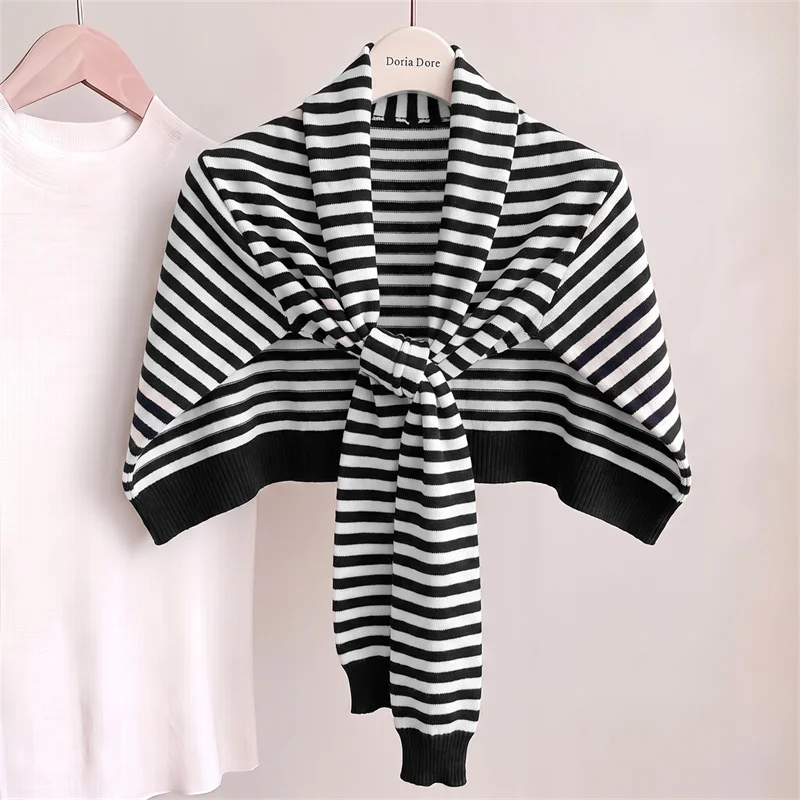 Classic Striped Knotted Knit Shawl Soft Shoulder Wrap Knitted Cape Light Shawl For Office Travel Daily Casual Outfit Accessory