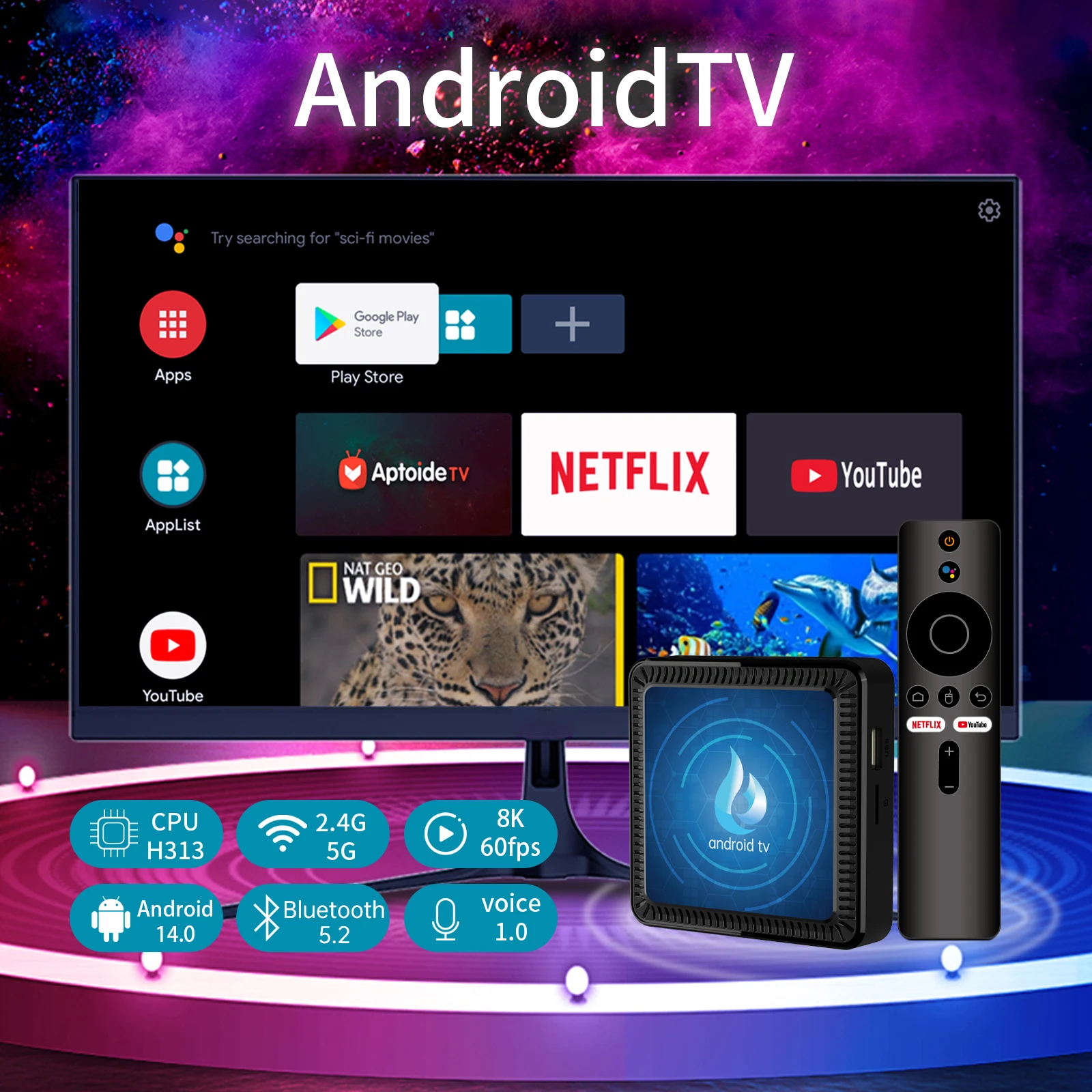 Android 14 TV Box 8GB 128GB Smart TV Box Google 8K 4K Android TV Stick Dual WiFi 2.4G 5G مع التحكم الصوتي YouTube Netflix