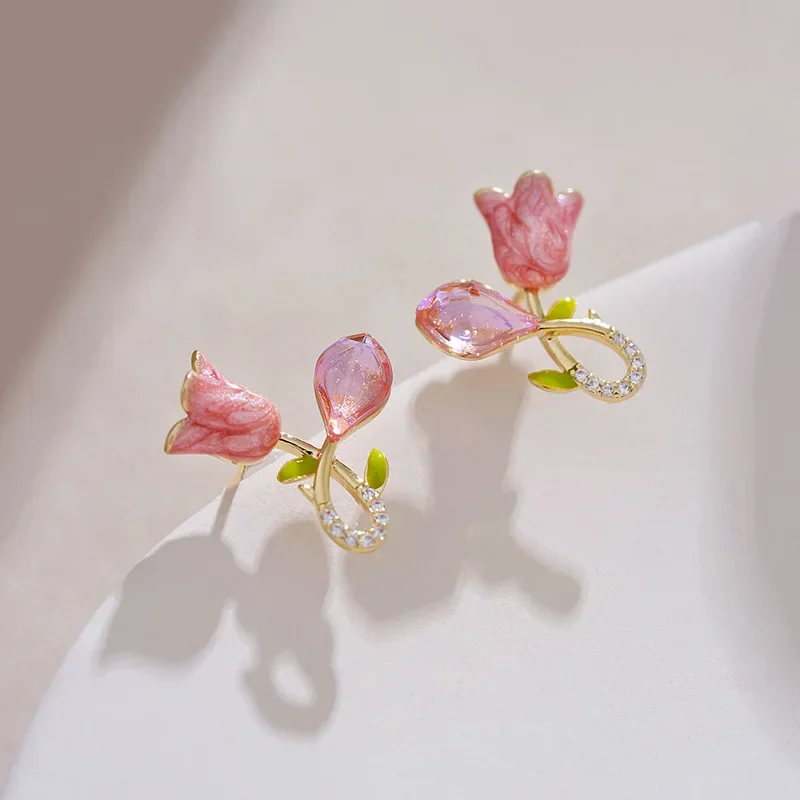 Pink Color CZ Crystal Tulip Flowers Stud Earrings for Women Simple Korean Design Ear Jewelry Friend Christmas Gift