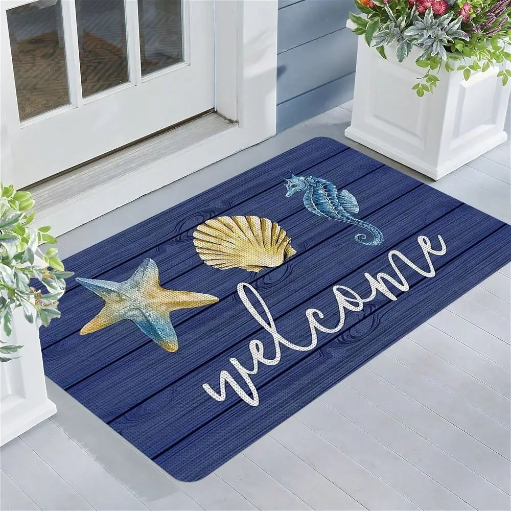 

16 24 18 30 NonSlip Rubber Floor Mat With Coastal Welcome Design Starfish Seashells Decor, Durable NonWoven Rubber Blend For En