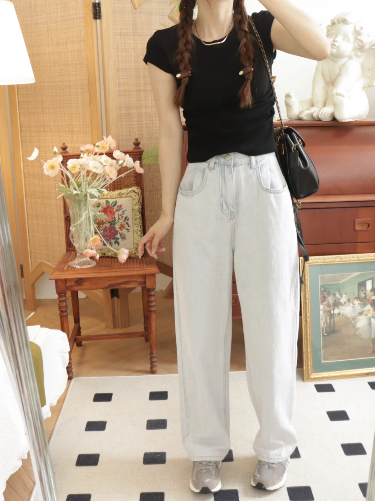 

American Style Vintage Light Blue High Waist Loose Straight Leg Jeans High Waist Long Pants Women's Summer Denim Trousers