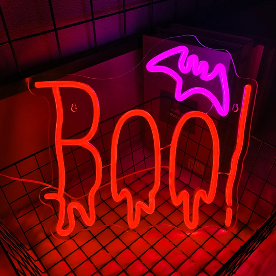 Halloween Neon Sign for Wall Decor,LED BOO Bat Neon Light Up Sign for Halloween Party Decorations, Spooky Boo Neon Sign