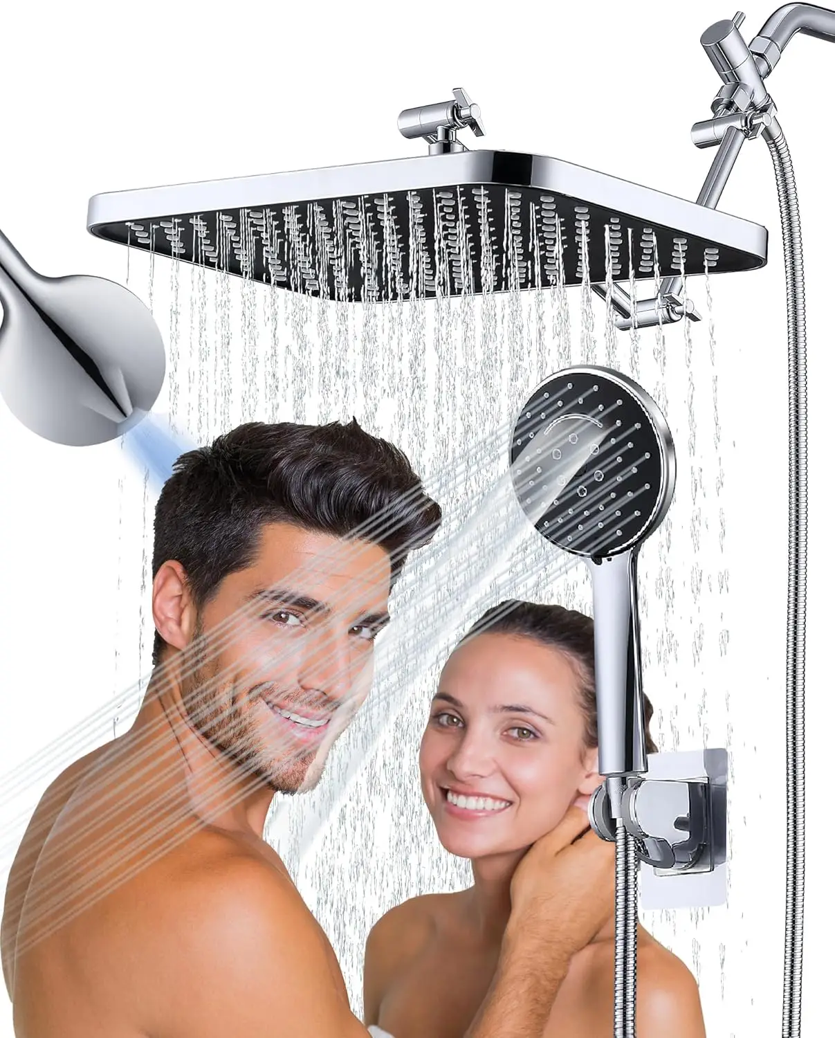 Rainfall Shower Head with Handheld Combo, 12.2 Inch Large Fullbody Showerhead with 15 Inch Adjustable Extension Arm and 6 Spray