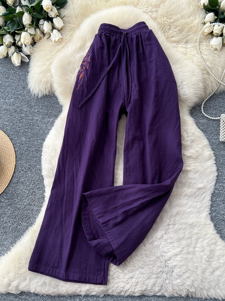 Elegant Slimming Embroidered High Waist Wide Leg Pants Women's Casual Loose Fitting Concealing Long Trousers Spring 2026