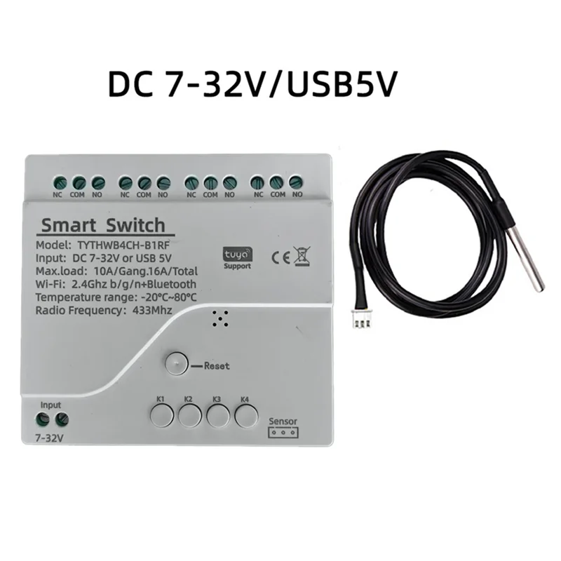 A29F-Tuya Wifi 4-kanaals slimme schakelaar met temperatuur-vochtigheidssensor Passieve droge contactschakelaar voor Alexa Alice
