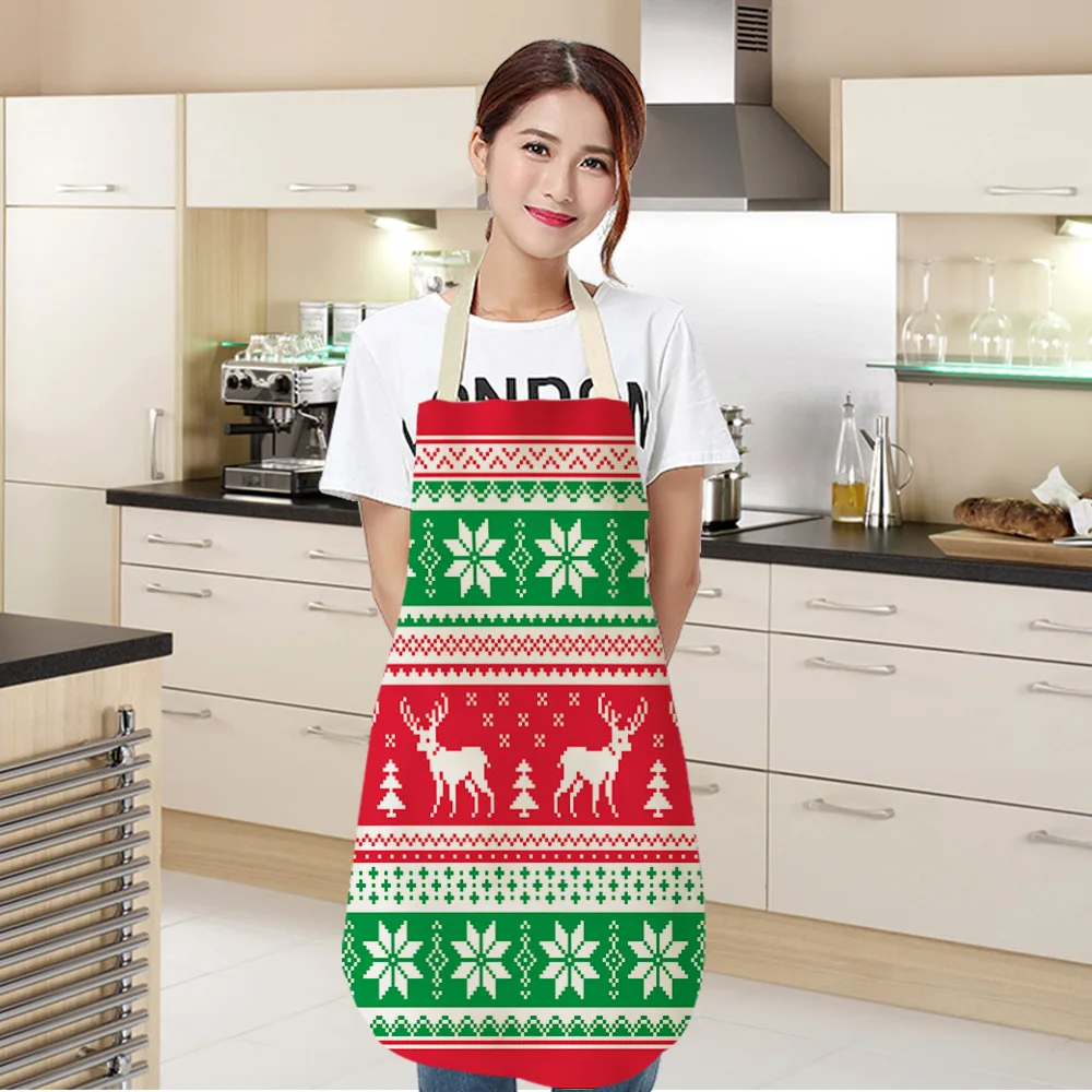 Nordic Style Christmas Kitchen Apron Xmas Tree Deer Printing Brief Adult Apron Kitchen Baking Cooking Accessories Bib Aprons