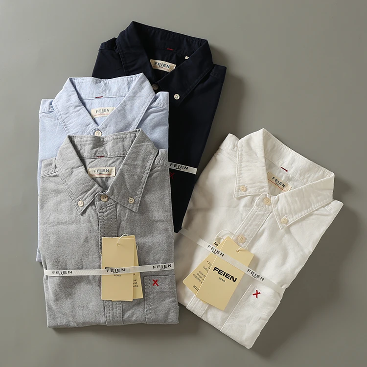 Casual Long Sleeve Oxford Cloth Shirt Men's Pure Color Patchwork Design Suede Velvet Elbow Padded Four Seasons Cotton 100%