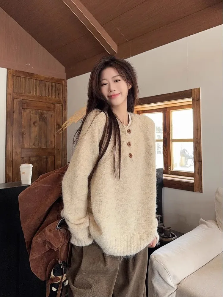 

Мягкий вязаный свитер с длинными рукавами для женщин, повседневный базовый топ, осенне-зимний, свободный крой, удобный трикотаж