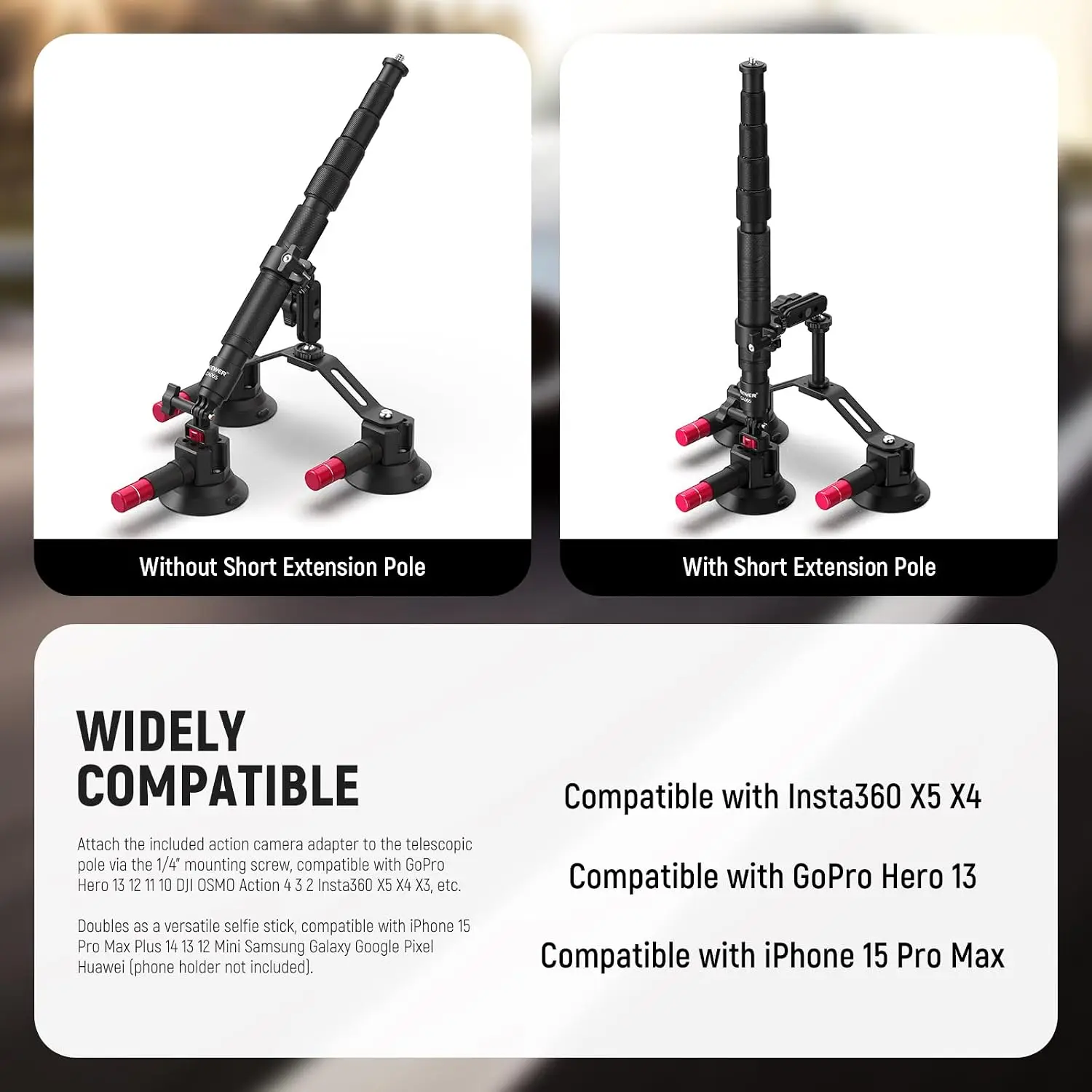 NEEWER Triple Suction Cup Car Mount for Insta360 X5 X4 GoPro DJI OSMO, Outside Windshield Magic Arm 2in1 Pole Kit CA065