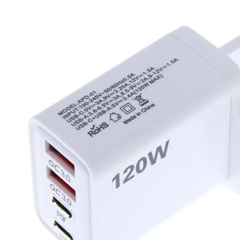 1Pcs EU US UK Plug Travel 4 Port 120W USB C Fast Charger Station PD QC3.0 Wall Adapter For Phone