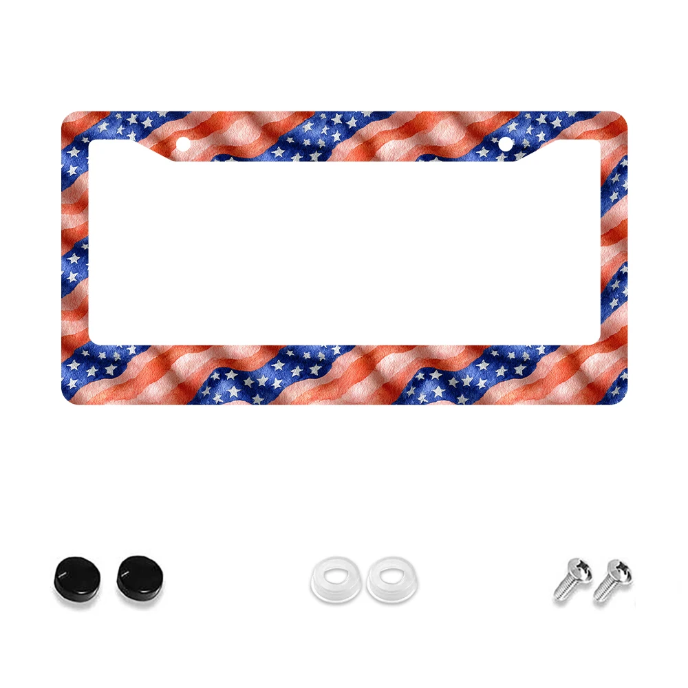 

1pc Red White Blue American Flag Pattern 2 Hole License Plate Frame Aluminum Material 6x12 Inches with Screw Set Retro Novelty