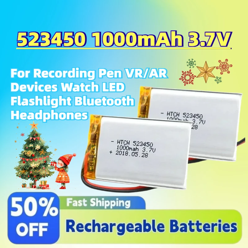 Upgrade New 523450 1000mAh 3.7V Li-Po Battery for Recording Pen VR/AR Devices Watch LED Flashlight Bluetooth Headphones