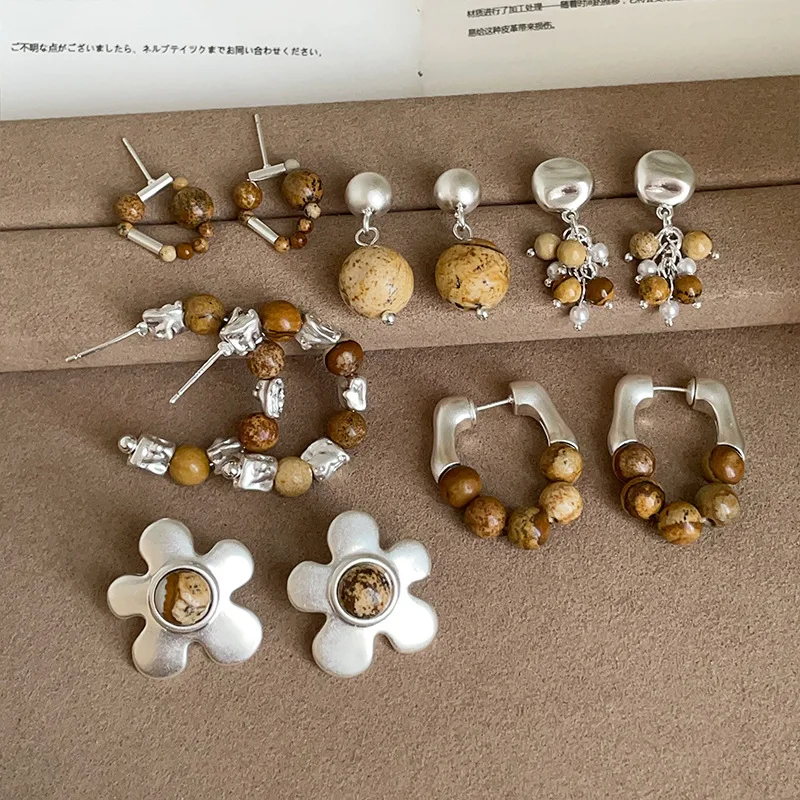 Minar 2025 New Multiple Natural Stone Flower C Shape Ball Geometric Strand Dangle Earrings for Women Silver Plated Daily Jewelry
