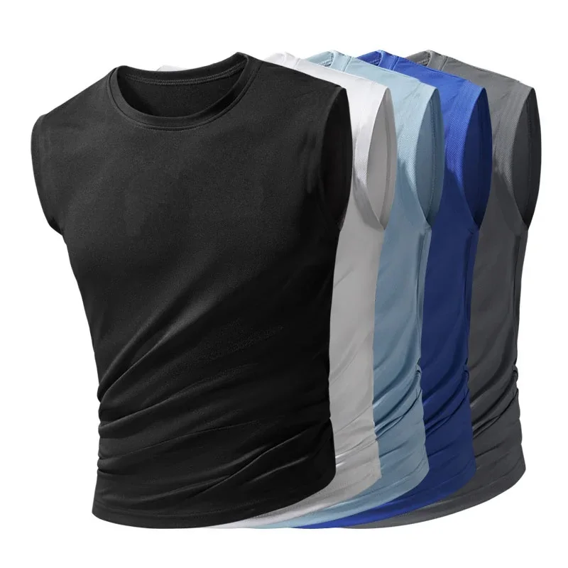 Summer Ice Silk Running Vest Men Sports Fitness Sleeveless T-shirt Quick-dry Mesh Gym T-shirt Breathable Plain Lovers Clothing