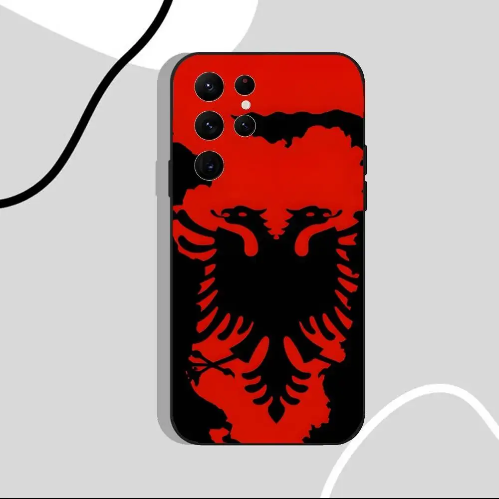 アルバニア国旗柄スマホケース Samsung S25、S24 Ultra、S20、S30 plus、S22 Plus、S23、Ultra 5G対応 シリコン製 ブラックシェル