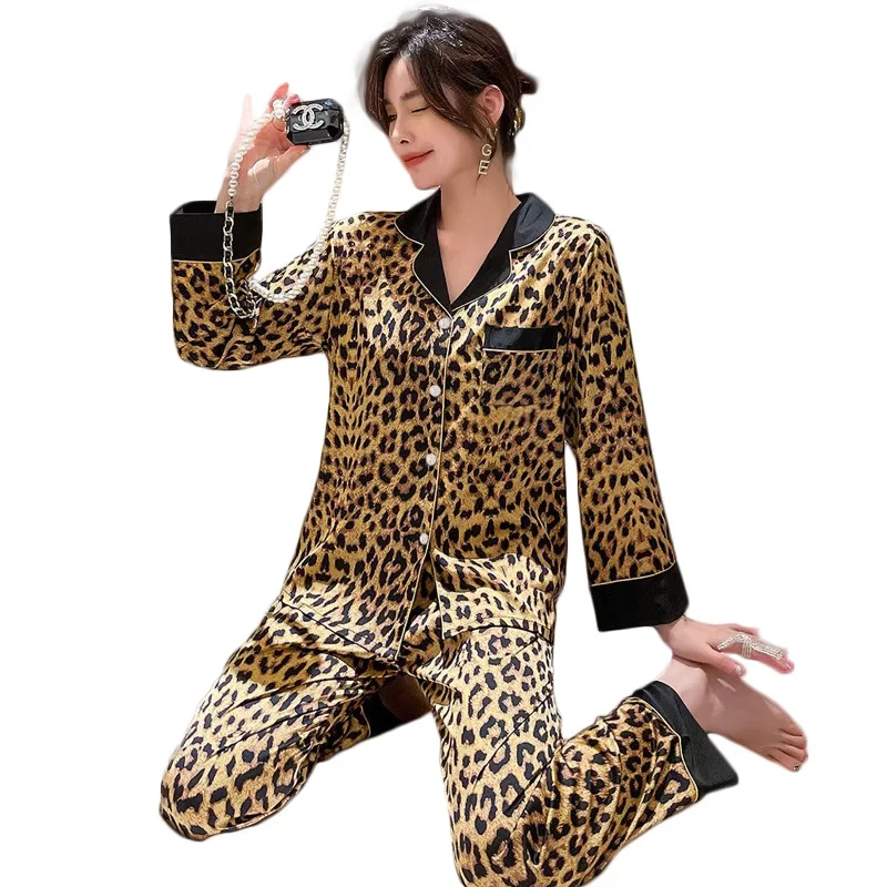 Korean Sexy Leopard Print Autumn Pajamas Women\'s Long-sleeved Suit High-end New Ice Silk Trousers Loungewear Trendy Loungewear