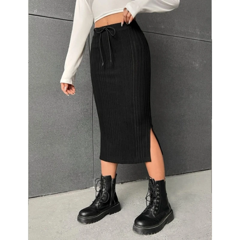 Women Drawstring High Waist Ribbed Knit Package Hip Stretchy Midi Pencil Skirt