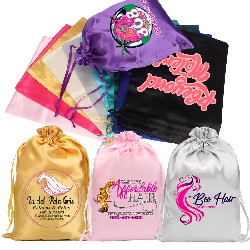 Шелковые атласные мешки для париков с частным логотипом, сумки для хранения волос в упаковке, искусственные волосы для наращивания, большие атласные мешки, сумки на шнурке