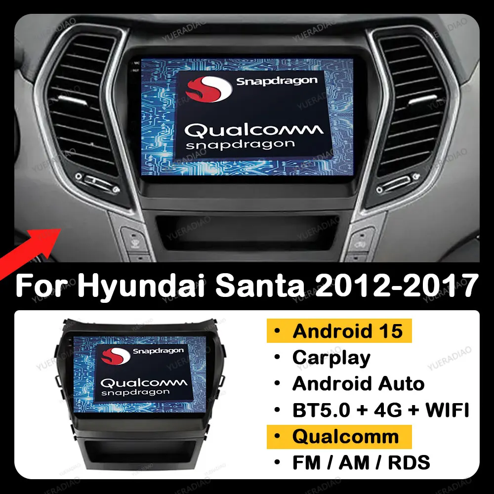 

Автомобильное радио Android 15 для Hyundai Santa Fe 3 IX45 2012 2014 2015 2017, головное устройство BT GPS NAVI QLED Qualcomm, мультимедийный видеоплеер